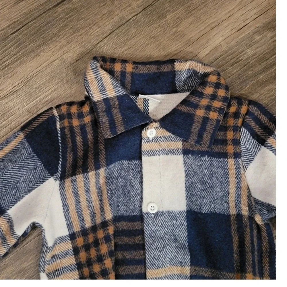 Unbranded Blue Tan Plaid Long Sleeve Flannel Bodysuit 12-18M‎ Onesie